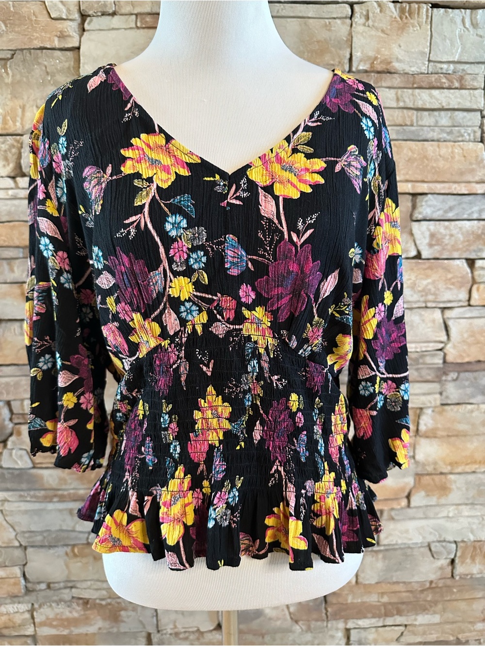 Mudd Black Smocked V-Neck Peplum Crinkle Top